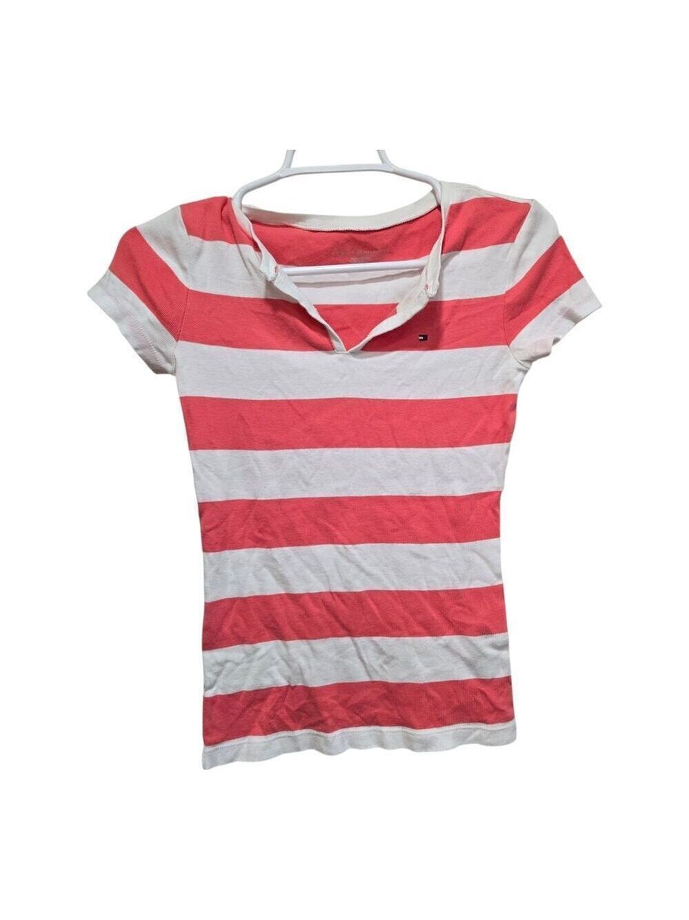 Tommy Hilfiger Pink White Striped Tee XS Logo Short Sleeve